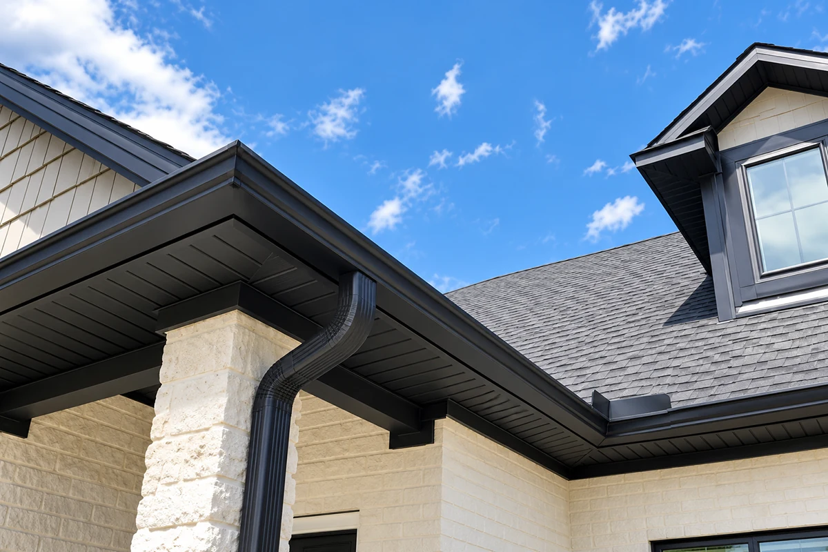 Seamless rain gutter, downspout and fascia on a residential home